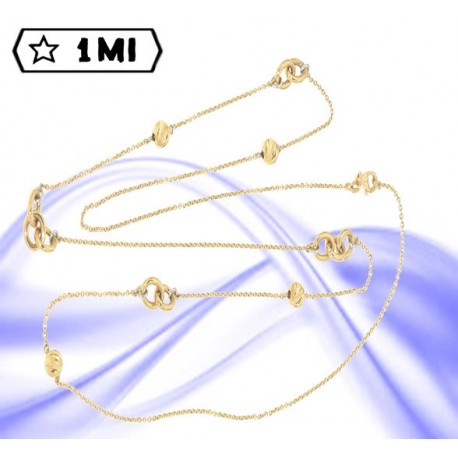 Elegante collana lunga in oro giallo con sfere diamantate e anelli intrecciati