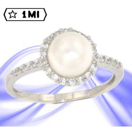 Elegante anello in oro bianco con perla e pavé di zirconi