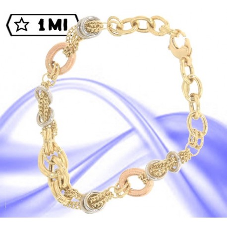 Elegante bracciale maglia groumet con anelli nei tre colori dell'oro
